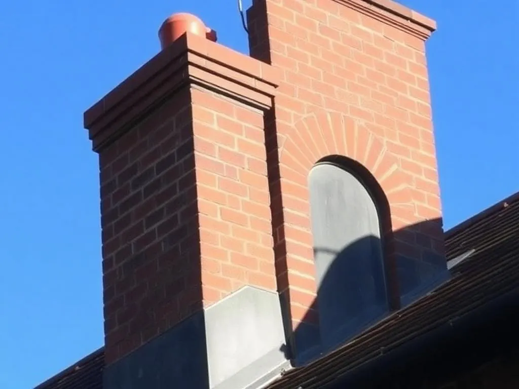 Repointed chimney stack with new code-graded lead step flashing on a Victorian terrace in Chelmsford