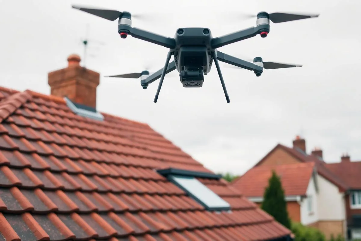 Drone conducting a roof inspection over a tiled roof in Essex