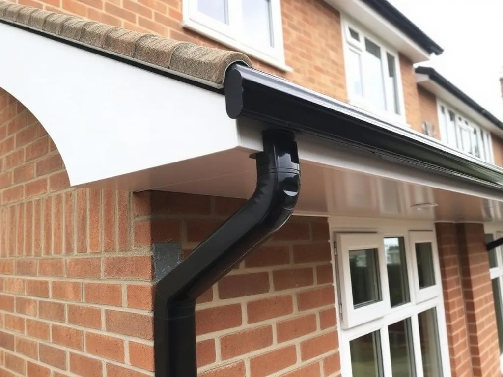 New white UPVC fascias, soffits and black guttering fitted to a semi-detached house in Halstead, Essex
